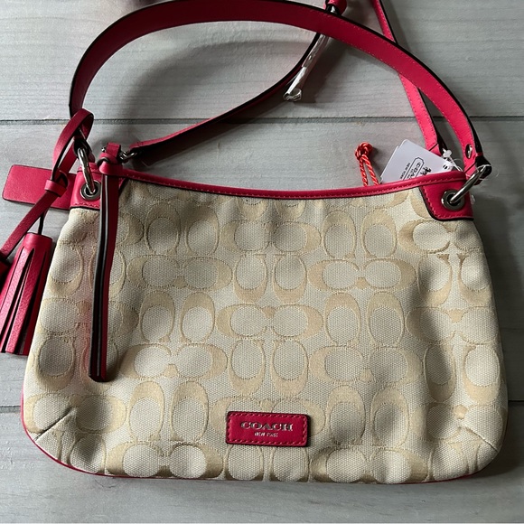 NWT 100% Authentic Coach Khaki Pink Scarlet Double Strap Handbag - Picture 2 of 7